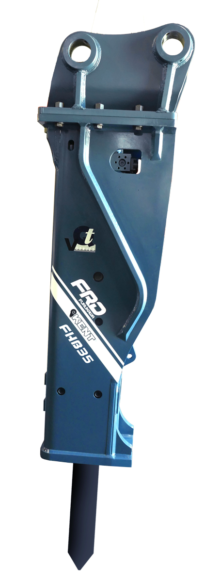 FRD FHB35 hydraulic breaker for 28–44 ton excavators: 5,277 lb, 340–510 BPM, 6.10 in steel. Quick Switch Valve standard, Smart Stroke System optional.